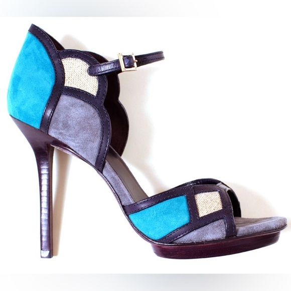 Tory Burch Color Block Mixed Media Blue Gray Suede Canvas Heeled Sandals Sz 7.5 - Picture 1 of 10